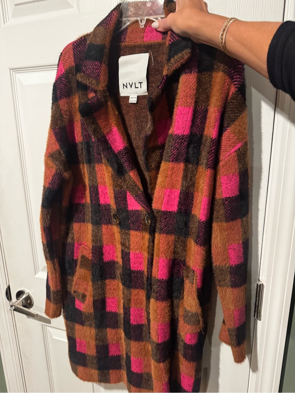 NVLT Pink and Brown Plaid Long Wool-Blend Pea Coat